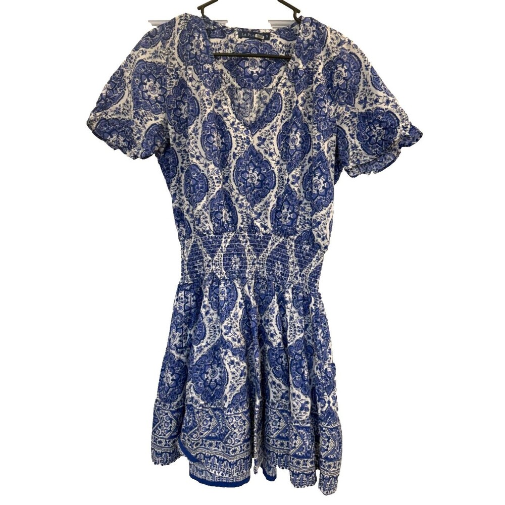 NEW La Plage Blue Blouson 100% Cotton Mini Dress Floral Block Print Size Small